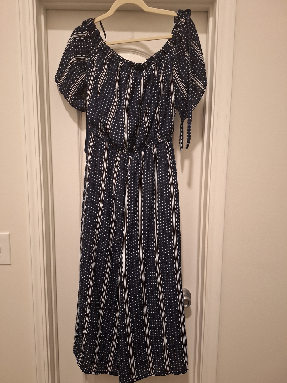 Navy and White Striped Off-Shoulder Jumpsuit